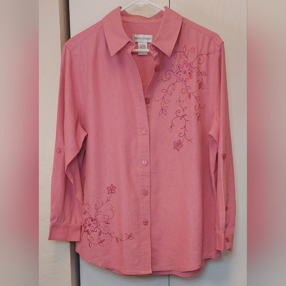 Draper's & Damon Pink Linen Button Up Top Size Large Blouse Embroidered Top Boho - Picture 10 of 10